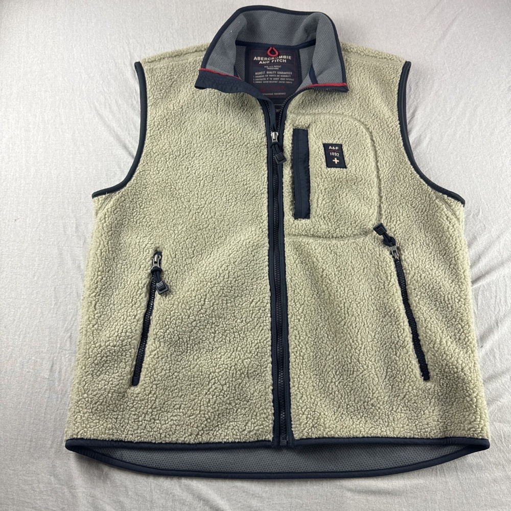 Vintage Abercrombie Fitch Sherpa Fleece Zip Up Pockets Vest Mens L Beige Y2K NEW